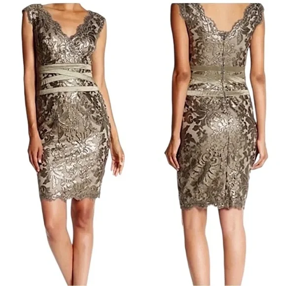 Tadashi Shoji Sequin Lace V-Neck Cocktail Dress - Picture 2 of 15